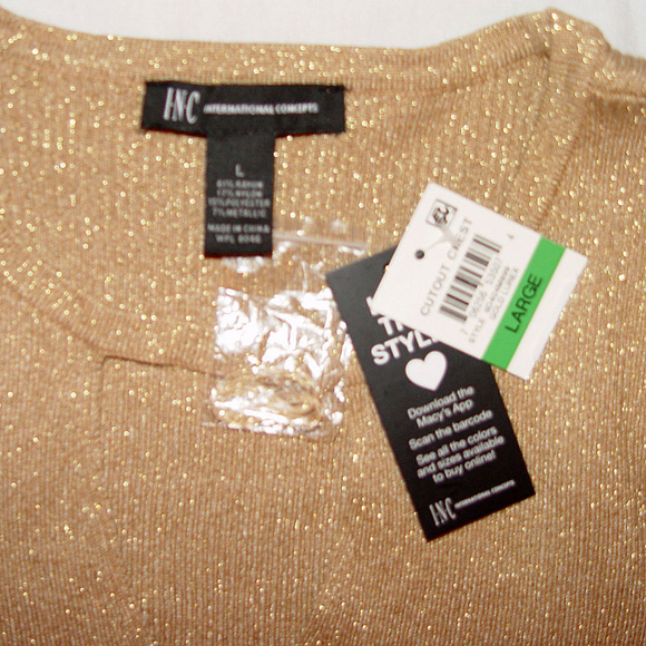 INC Ribbed Fitted Gold Metallic Choker Sweater - Picture 3 of 4